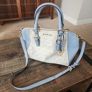Michael Kors Ciara Medium Satchel Pale Blue Vanilla MK Logo Luxury Bag